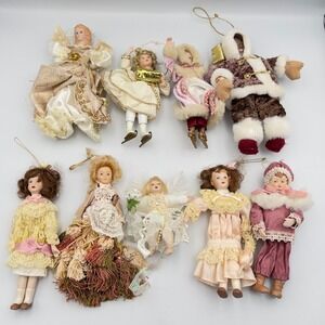 9 Vintage Porcelain Doll Christmas Ornaments Angel Victorian Ice Skater Lot